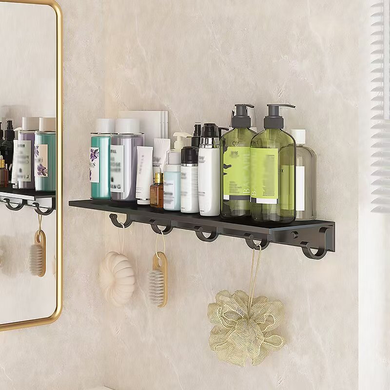 Space Aluminum Bathroom Shelf with Towel Hooks, No-Drill Wall-Mounted Organizer for Toiletries