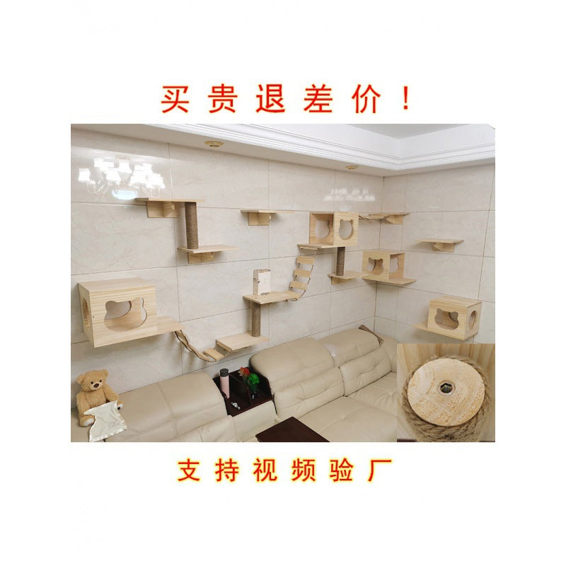 Wall-Mounted Cat Climbing Frame Solid Wood Space-Saving Cat Tree for Single Cat