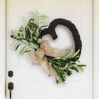 Artificial Olive Heart Bow Wreath for Front Door Decor