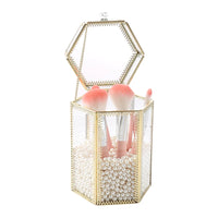 Vintage Glass Makeup Brush Holder with Lid - Dustproof Metal Organizer for Eyebrow Pencils and Brushes