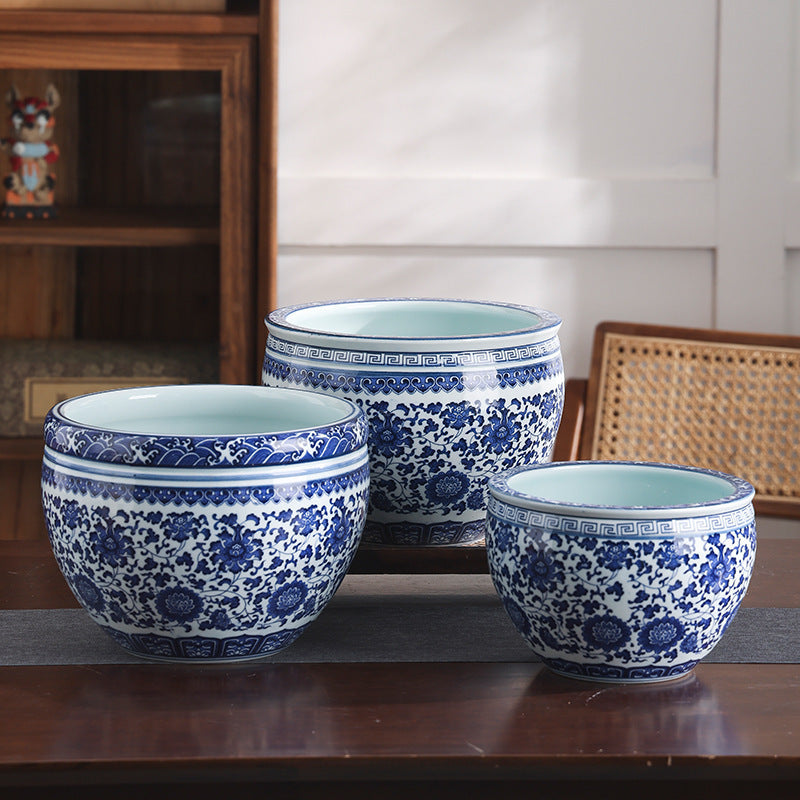 Jingdezhen Blue and White Porcelain Fish Tank Large Desktop Goldfish Turtle Bowl Lotus Pot