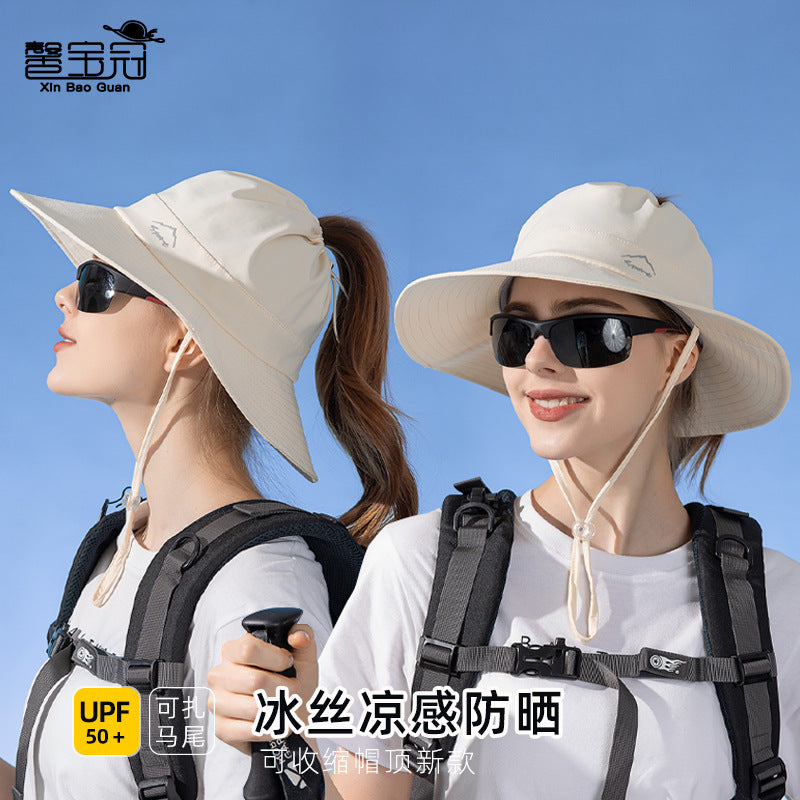 Women's Summer Outdoor Sun Protection Hat with Wide Brim and Ponytail Hole, Breathable Topless Fisherman Hat for Hiking and Fishing