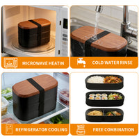 Wood Grain Double/Triple Layer Lunch Box Set with Compartments, Microwave Safe Bento Box for Students and Office