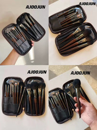 15-Piece Professional Animal Hair Makeup Brush Set with Wooden Handles and PU Zipper Bag