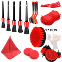 17-Piece Car Detailing Brush Set with Air Vent Brush, Drill Brushes, Microfiber Sponge, and Wire Brushes