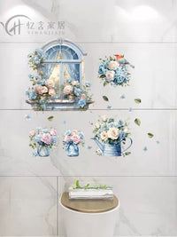 Floral Window View Waterproof Wall Decals for Bathroom and Toilet Tile Decoration