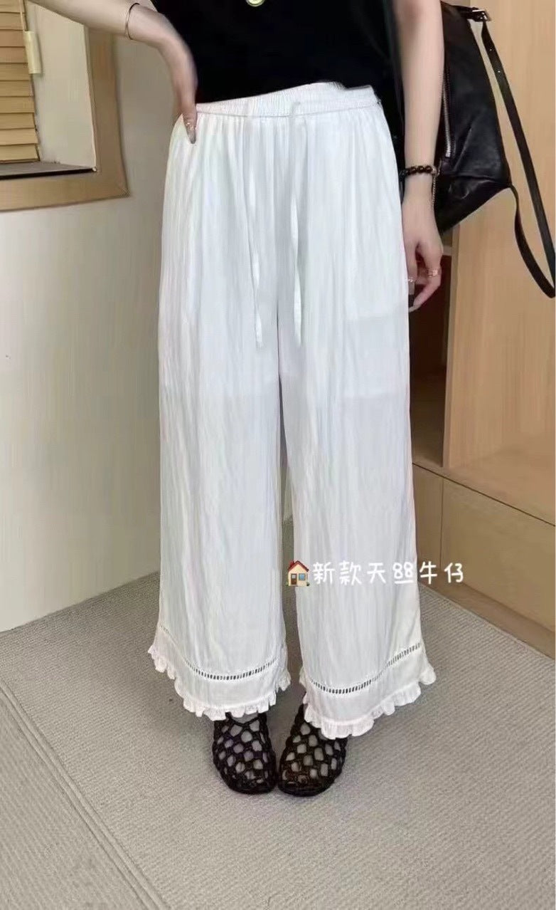 Women's Tencel Linen Cotton Blend Wide-Leg Pants with Ruffle Trim