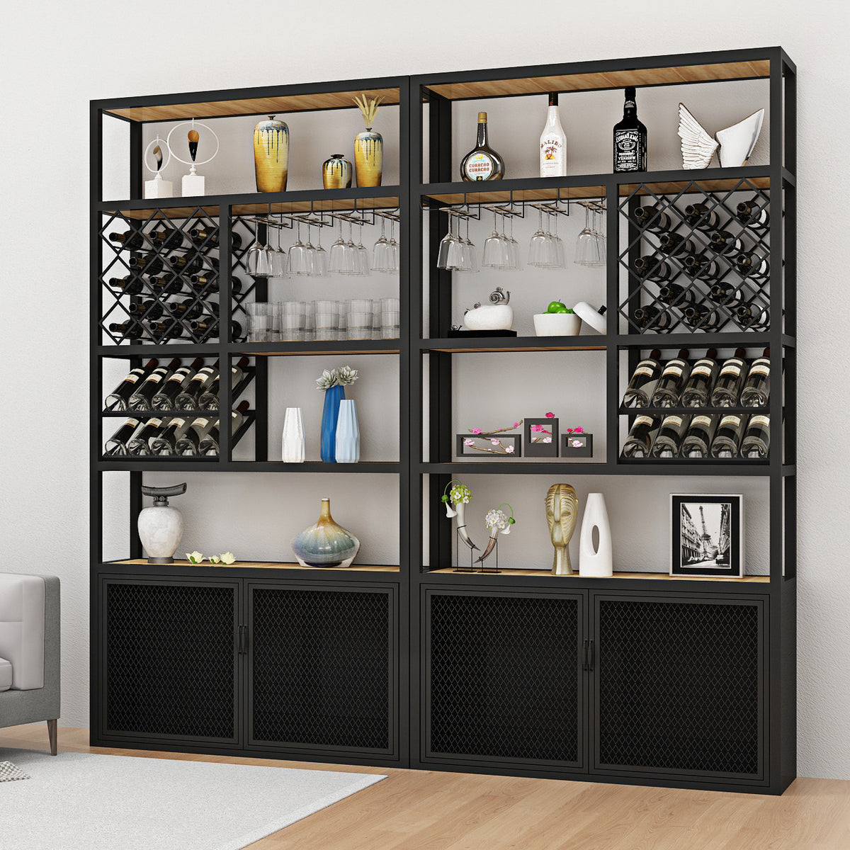 Wrought Iron Wine Rack with Glass Holder, Freestanding Floor Wine Storage for Bar & Restaurant