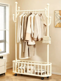 Floor-Standing Garment Rack with Storage Basket and Wheels for Bedroom Dormitory