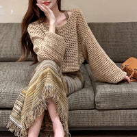 Vintage Knit Mesh Pullover Cardigan with Tassel Skirt Set