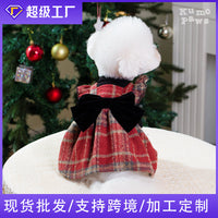 Pet Christmas Plaid Bow Dress with Black Knit Base Shirt for Autumn/Winter