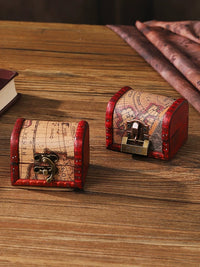 Miniature Vintage Map Wooden Treasure Chest with Lock for Jewelry and Collectibles