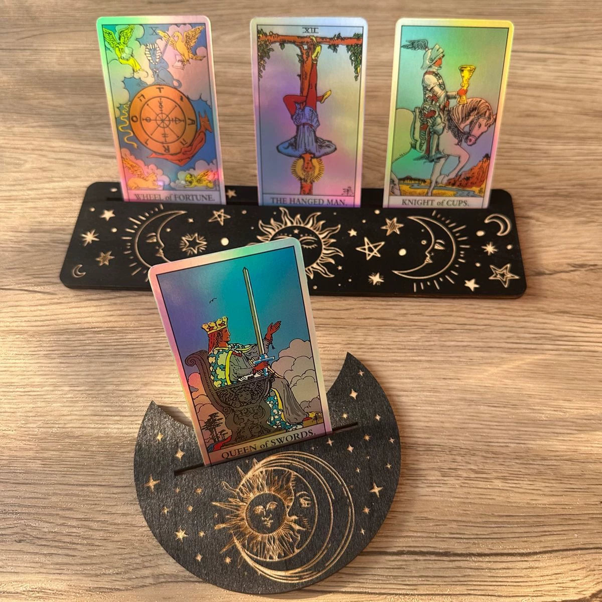 Tarot Card Wooden Display Stand Moon Shaped Base Holder Clip Set