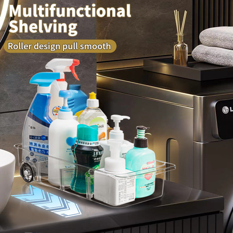 Under Sink Pull-Out Storage Organizer with Wheels, Clear Multi-functional Kitchen Cabinet Shelf