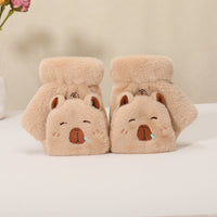 Cute Capybara Plush Half-Finger Flip-Top Touchscreen Gloves for Women, Winter Warm Thickened Student Cycling Cold Protection
