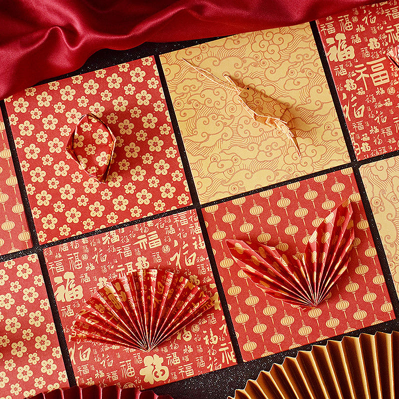Chinese Style Red Auspicious Paper Cranes Origami Paper for Kids' Handicrafts and Folding, Square Heart-shaped Colored Paper