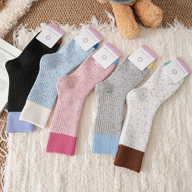 Thickened Contrast Color Warm Fleece Dotted Yarn Mid-Calf Socks for Women, Japanese Style Wool Blend, Versatile Autumn/Winter Korean Insulated