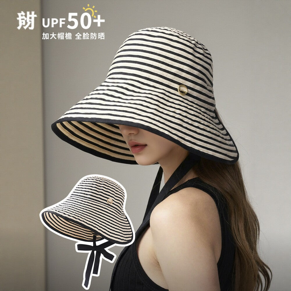 Women's UPF 50+ Wide Brim Sun Hat with Ponytail Hole, Striped Fisherman Bucket Hat for Outdoor Travel