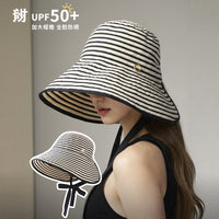 Women's UPF 50+ Wide Brim Sun Hat with Ponytail Hole, Striped Fisherman Bucket Hat for Outdoor Travel