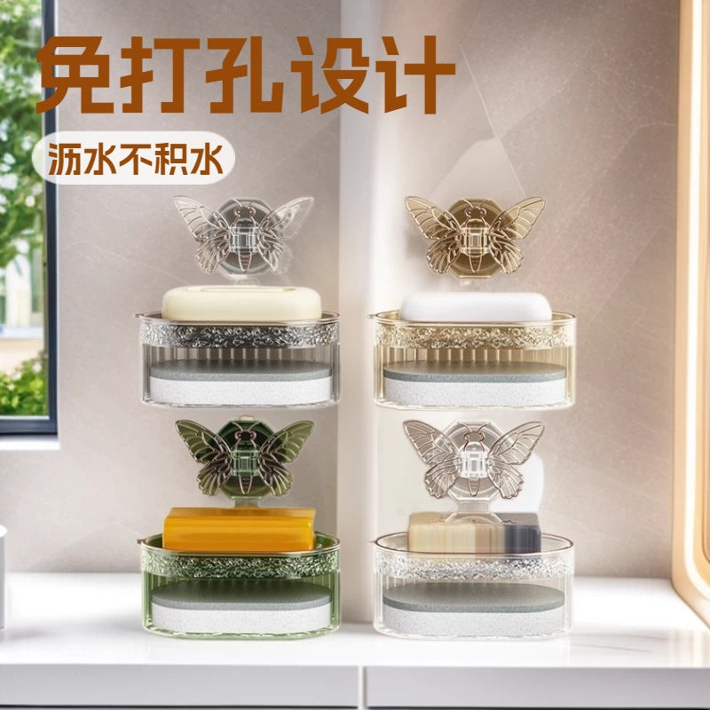 Butterfly Suction Cup Soap Dish Wall-Mounted Drain Soap Holder for Bathroom and Kitchen, No Drilling, Luxury Style