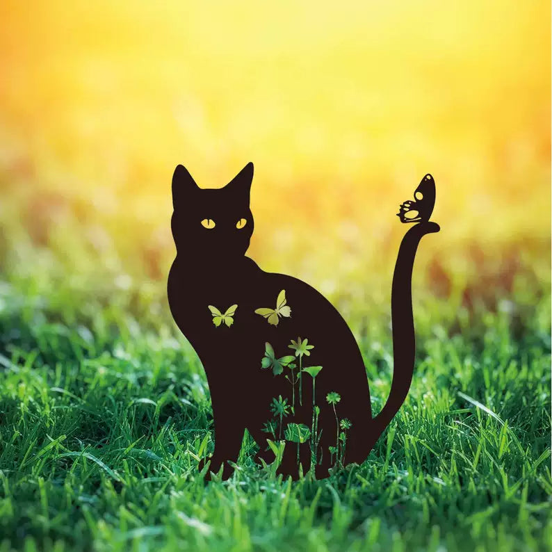 Cat Silhouette Metal Garden Stake Outdoor Yard Art Decor