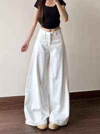 Women's White Straight Leg Low Waist Loose Fit Wide Leg Jeans