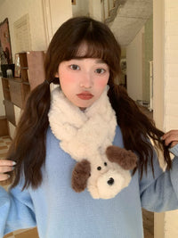 Japanese Style Puppy Plush Cross Scarf for Women, Thickened Warm Winter Neck Warmer