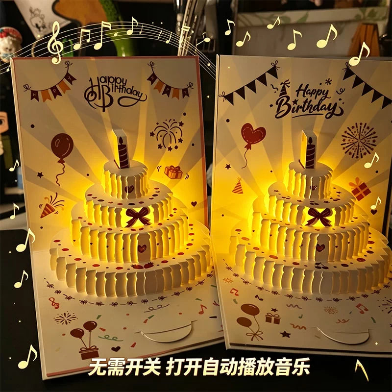 3D Pop-Up Musical Birthday Cake Greeting Card with Lights and Recording Function