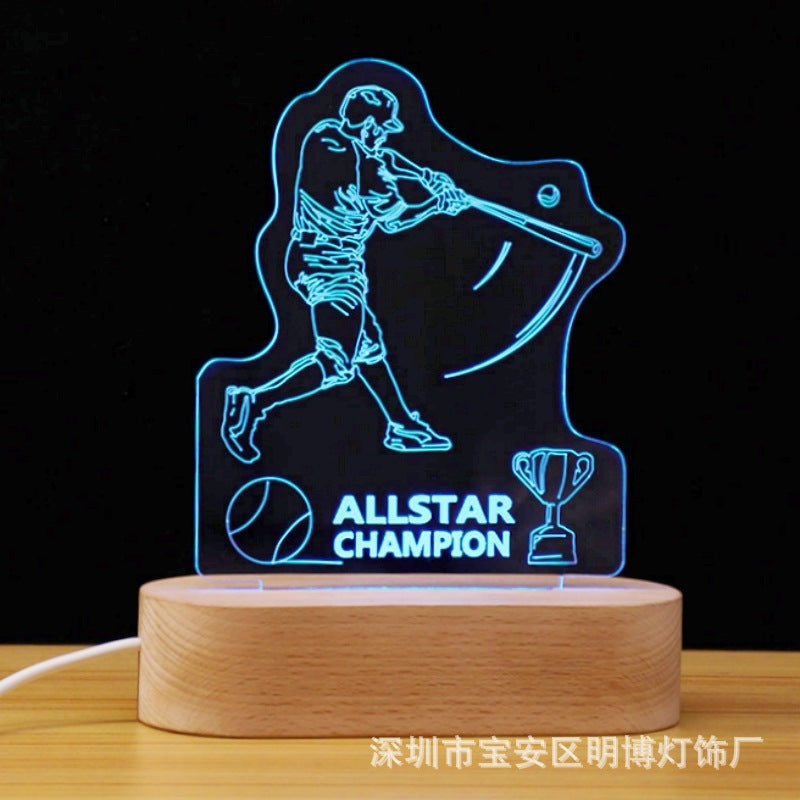 Baseball Star 3D Illusion Night Light with Beechwood Base, USB Powered LED Desk Lamp, Creative Gift for Fans
