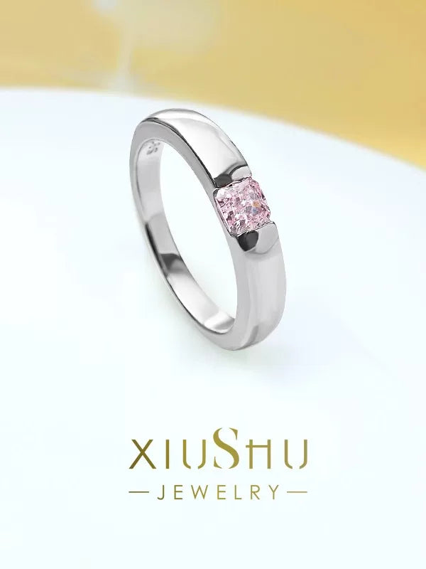925 Sterling Silver Pink Diamond Ring with High Carbon Diamond Inlay