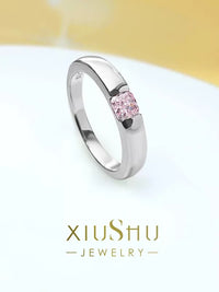 925 Sterling Silver Pink Diamond Ring with High Carbon Diamond Inlay