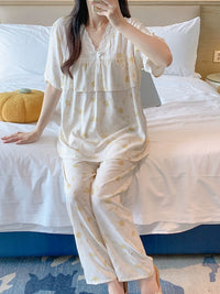 Women's Ruffled Short Sleeve Long Pants Pajama Set, Cotton Blend, Anti-Chafe, Summer Homewear