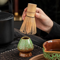 Japanese Style Matcha Bowl with Spout and Whisk Set, Kiln Glazed Ceramic