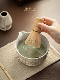 Shuyi Ju Handmade Carved Ceramic Matcha Bowl with Spout and Whisk Set