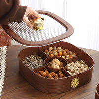 Wood Grain Snack Serving Platter with Lid, Rotating Dried Fruit and Nut Candy Box for Living Room
