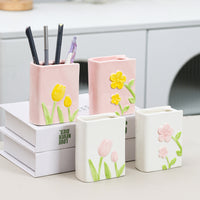 Tulip/Floral Ceramic Book Pen Holder & Makeup Brush Organizer for Desk Decor