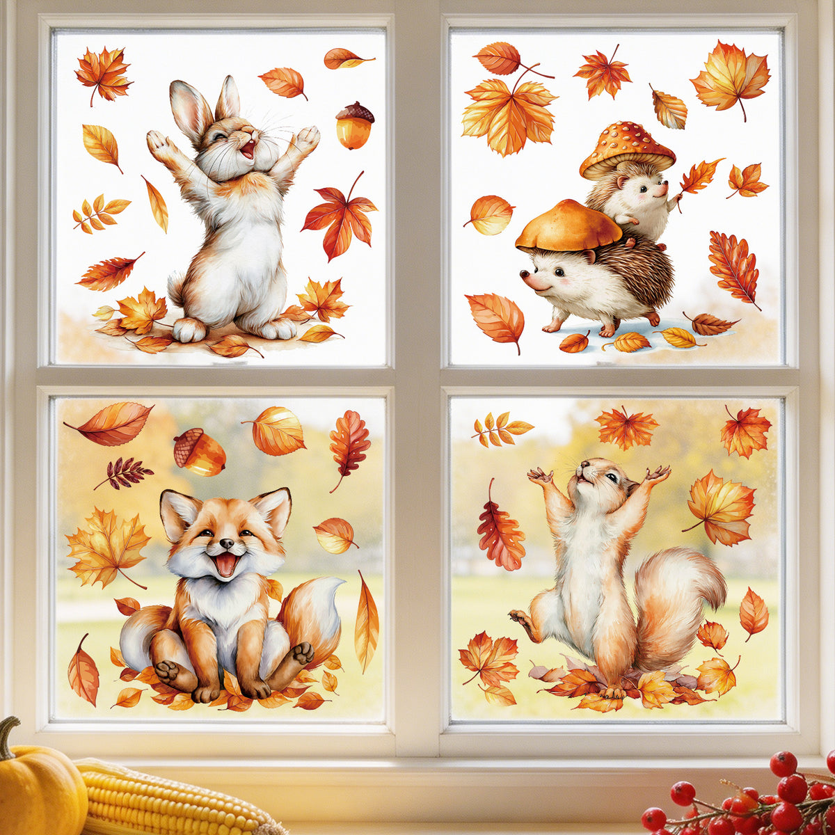 Autumn Cartoon Animal Static Cling Window Decals - Maple Leaf, Rabbit, Fox, Squirrel Glass Stickers for Thanksgiving Decor