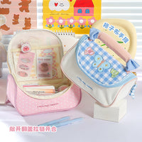 Plaid Sweetheart Butterfly Multi-layer Pencil Case with Handle, Large Capacity Stationery Bag