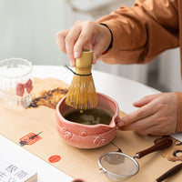 Japanese Matcha Tea Ceremony Set with Ceramic Bowl, Bamboo Whisk, and Portable Leather Bag