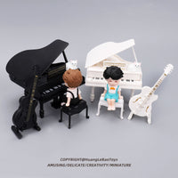 Miniature Grand Piano and Guitar Dollhouse Furniture Set with Cat Figurine for OB11 Dolls