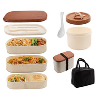 Wood Grain Double/Triple Layer Lunch Box Set with Compartments, Microwave Safe Bento Box for Students and Office