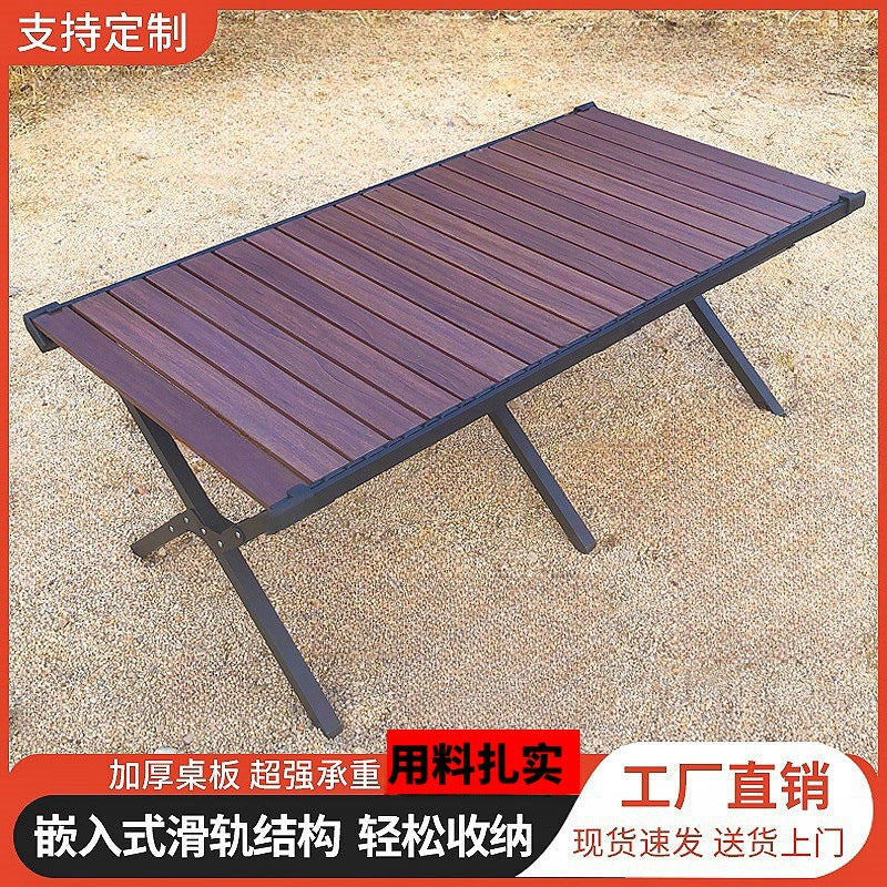 Outdoor Portable Folding Camping Table and Chair Set with Walnut Grain Aluminum Alloy Roll-Up Table