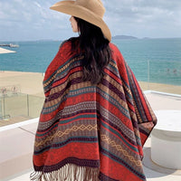 Ethnic Style Tassel Poncho Shawl for Travel and Warmth