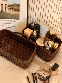 Ins Style Rattan Weave Storage Basket Desktop Cosmetic Mask Sundries Organizer Simple Living Room Storage Box