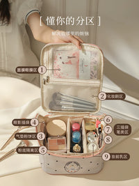 Portable Large Capacity Cosmetic Bag with Removable Dividers and Waterproof Leather