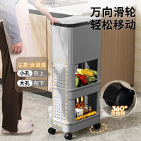 Tall Kitchen Trash Can with Lid, Large Capacity Movable Household Waste Bin, No-Bending Slide-Lid Japanese Style Storage Rack