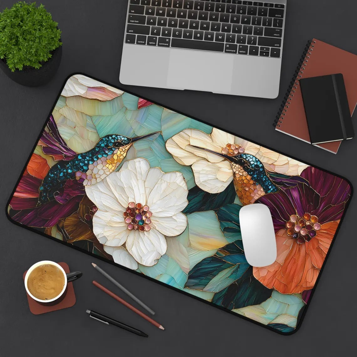 Nordic Floral Keyboard and Mouse Pad, Noise-Reducing Rubber Desk Mat for Laptops