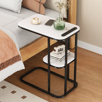Modern Minimalist Side Table with Charging Port, Small Square Rock Board Coffee Table for Sofa Bedside
