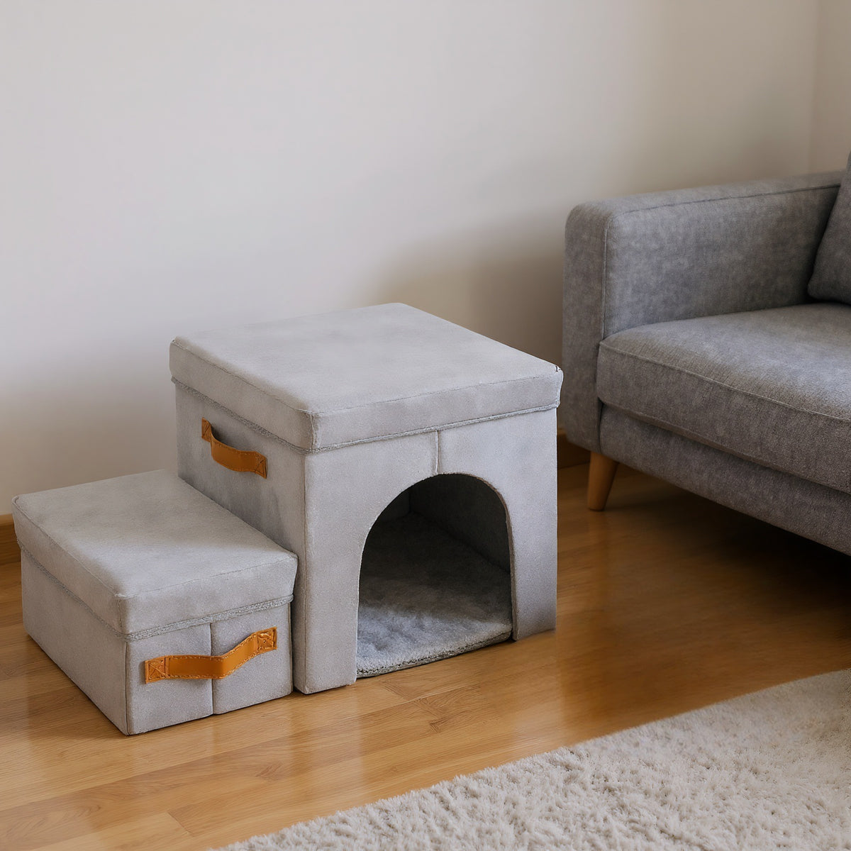Foldable Pet Stairs with Storage - Two-Tier Dog Steps for Beds and Couches, Cat House Footstool, Detachable Design
