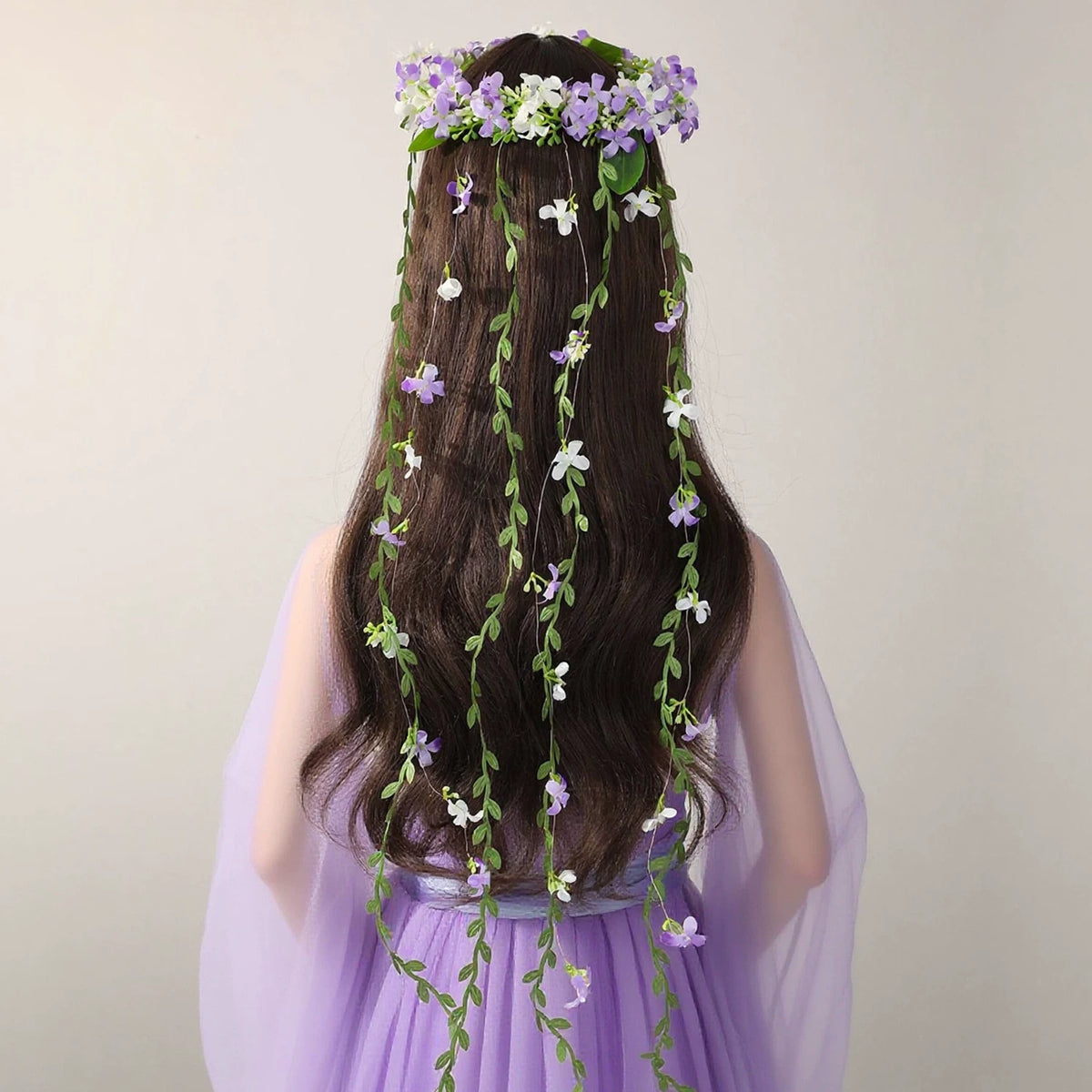 Forest Style Floral Garland Headband with Long Tassels and Green Leaves for Brides and Stage Performances